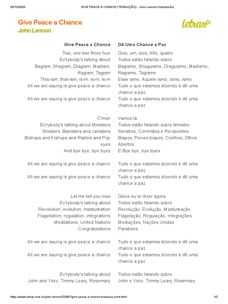 GIVE PEACE A CHANCE (TRADUÇÃO) - John Lennon (Impressão), PDF, Apple  Corps